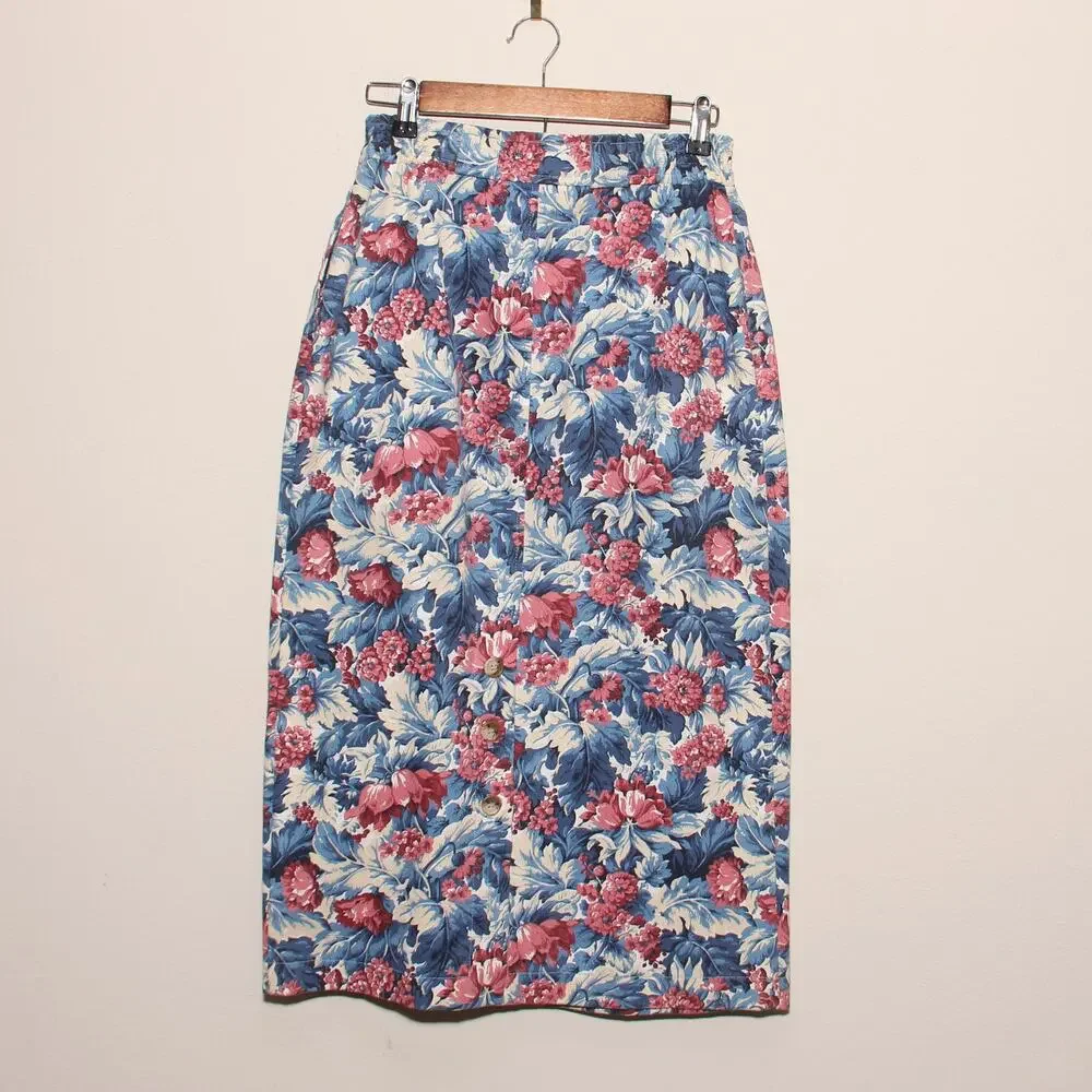 Vintage Norm Thompson Floral Denim Pencil Skirt Size 10 Midi/Maxi Made in USA